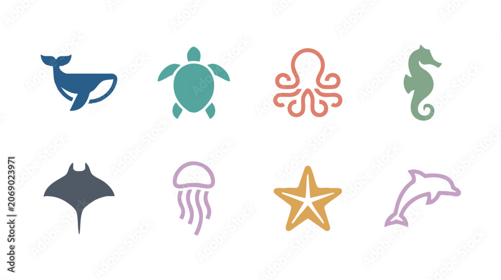 Fototapeta premium Marine Animal Icon Collection Geometric Flat Vector Symbols Isolated on White