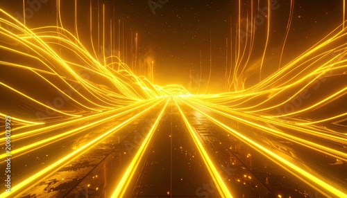 A surreal landscape of glowing golden energy streams flowing across a dark, star-filled sky.