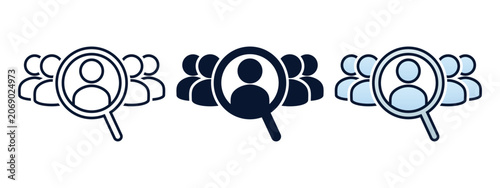 Team Hiring Search Icon with Multiple People and Magnifier Symbol. Workforce Recruitment. Vector Illiustration