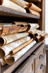 Vintage rolled world maps and antique charts on rustic wooden shelf for travel theme background and interior decor poster design