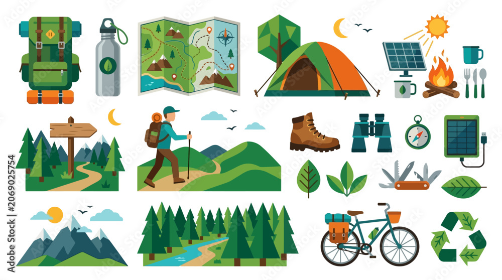 Fototapeta premium Backpacking Gear, Reusable Bottle and Map Composition in Eco Summer Travel Vector Asset Sheet with Clean Flat Design for Sustainable Adventure Concepts