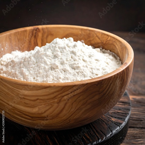 Rustic Wooden Bowl Filled with White Flour on Dark Wooden Table