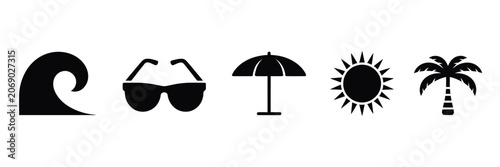 Summer beach icons, palm tree, wave, sunglasses, umbrella and sun silhouettes for tropical vacation themes, vector illustration.