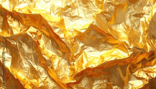 A close-up, abstract shot of crinkled gold foil.
