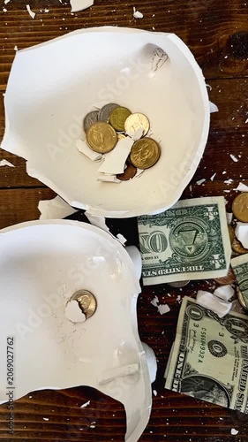 Slow motion footage of a piggy bank full of coins and dollar bills being smashed with a sledgehammer on a wooden table