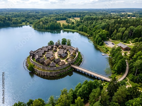 Aerial view of island castle surrounded by water and forest.