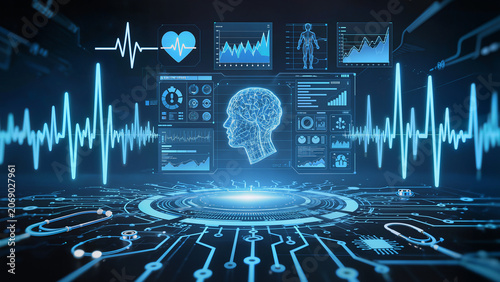 Blue healthcare technology background, futuristic medical AI interface, holographic healthcare data visualization, intelligent patient care system,
