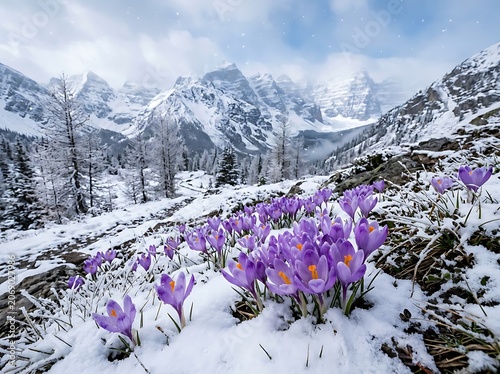 Purple Crocus Flowers Blooming in Snowy Mountain Landscape.