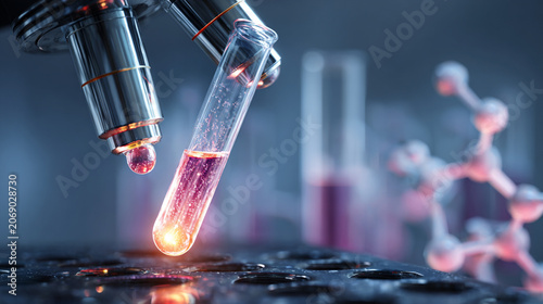 A close-up view of a laboratory test tube filled with vibrant liquid, illuminated by a soft glow, highlighting scientific research and experimentation in a modern lab environment.