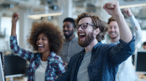 A diverse group of cheerful colleagues celebrating success in a modern office. Their joyful expressions reflect teamwork and collaboration in a dynamic work environment.