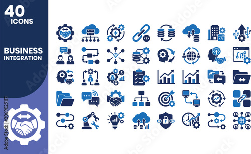 Professional business integration solid icon set featuring workflow automation, API connectivity, cloud integration, data synchronization, enterprise systems, and digital transformation symbols.