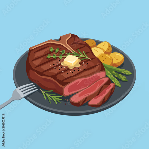 Obraz na plátně A delicious grilled steak served with potatoes and fresh asparagus