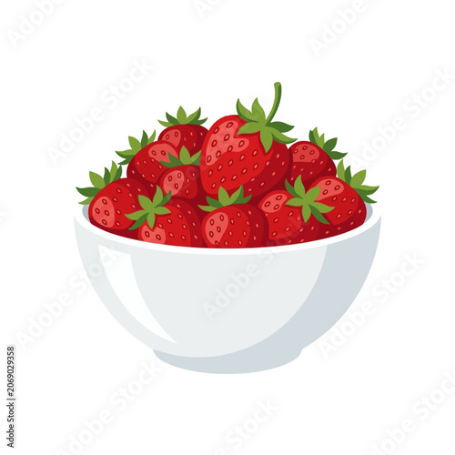 A glossy white bowl overflows with ripe strawberries, inviting you