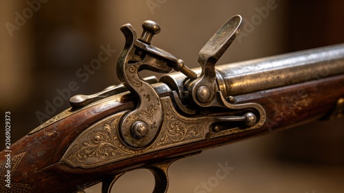 flintlock. Close-up detail of ornate flintlock pistol focusing on flint against frizzen. product launch decks, UI/UX mockups, designed for data visualization dashboards and holographic UIs.
