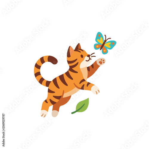 A playful orange cat chases a butterfly in spring, joyfully