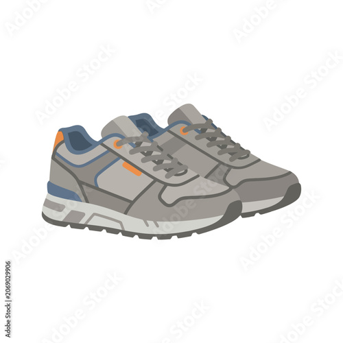 A pair of grey athletic running shoes on white background