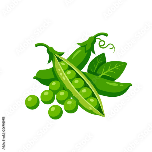 A bright green pea pod illustration with scattered peas and leaves