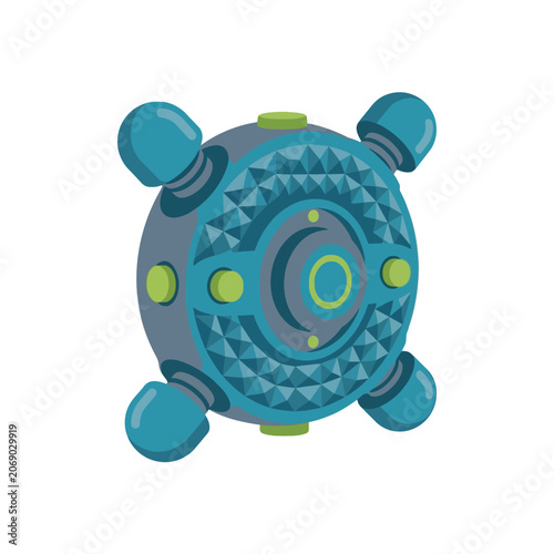 This blue spherical drone features geometric facets and pods