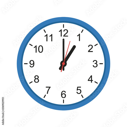 A blue wall clock showing one o'clock on a white background
