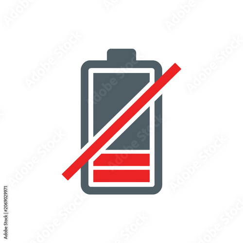 A flat vector icon of a low battery with a red slash