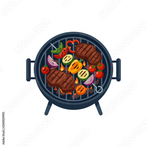 Grilled steaks and fresh vegetables on a round charcoal grill