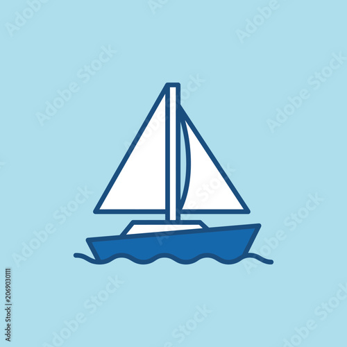 A simple blue sailboat icon floats on calm ocean waves