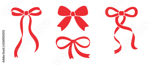 Bow clipart, red ribbon bow illustrations in hand drawn coquette style, cute decorative design elements.