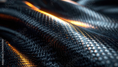A close-up, abstract macro photograph showcases the intricate woven texture of dark, flexible material, highlighted by glowing orange light reflecting and refracting across its undulating surface.