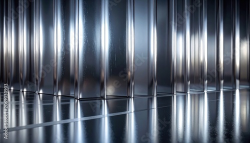 A close-up view of a corrugated metal wall and its reflection on a glossy surface.