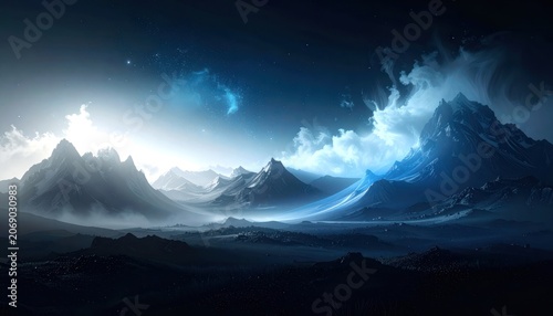An ethereal, otherworldly mountain landscape bathed in the cool glow of a distant nebula and starlight.