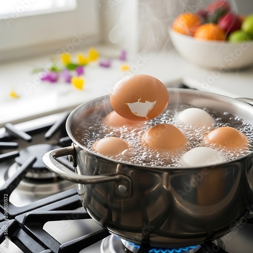 Boiling eggs in a pot on a gas stove, cooking breakfast.