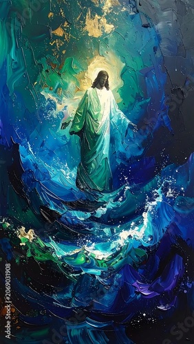 Radiant Robed Figure Standing in Glowing Abstract Blue Waters