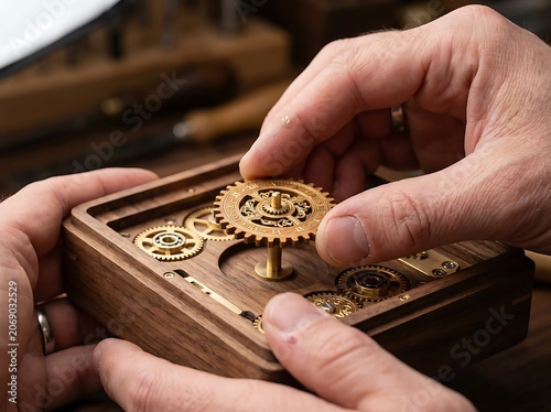 Hands assembling intricate wooden clockwork mechanism.