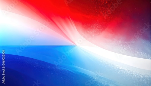Abstract background featuring a blend of red, white, and blue colors with dynamic light effects.