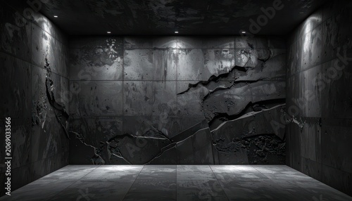 An empty, dark, and damaged room with cracked concrete walls and reflective floors.