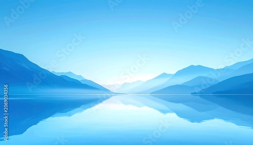 Serene mountain range reflected in calm, blue water under a clear sky.