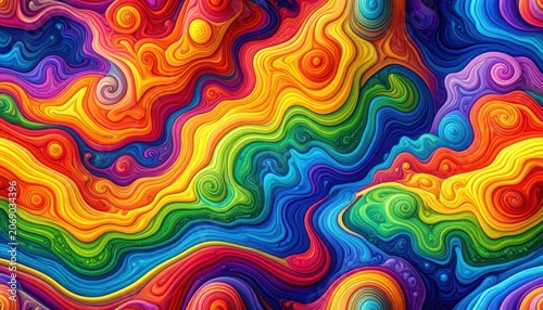 An abstract swirling pattern of vibrant rainbow colors creates a sense of dynamic movement and organic flow.