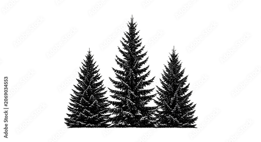 Fototapeta premium Three evergreen trees isolated on transparent background