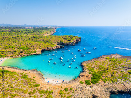 Aerial view of a bay and turquoise sea in Mallorca, Spain. Scenic coastline l...