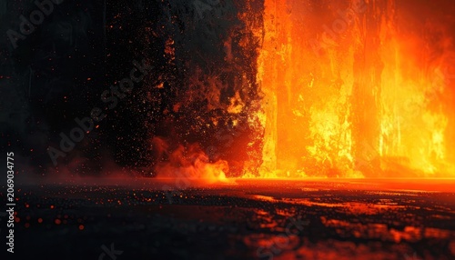 A wall of intense orange fire and glowing embers illuminates a dark, smoky foreground.