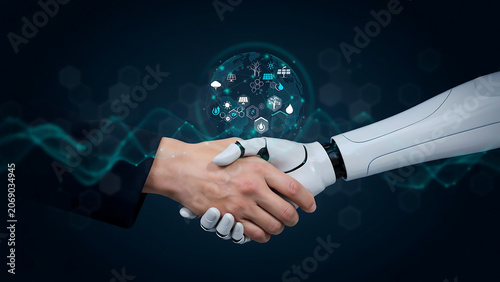 Human and Robot Handshake with Glowing Digital Earth Sphere Showing Renewable Energy and Climate Icons for AI Solutions in Sustainability and ESG Concept