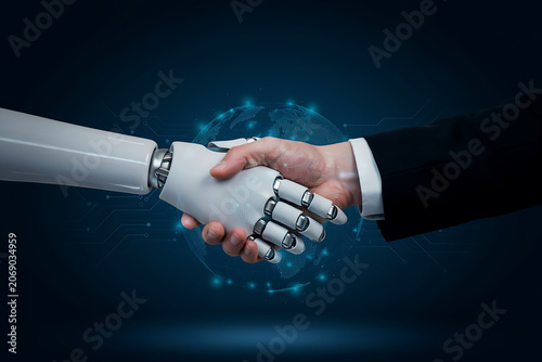 Close Up of Robotic Cyborg Hand Shaking Hands with Human Businessman Against Glowing Digital World Globe Graphic for Global AI Business Partnership Concept