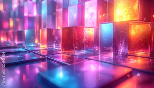 Abstract cubes with vibrant, glowing colors and reflections.