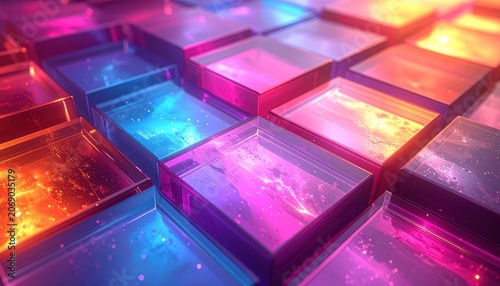 A close-up of a grid of luminous, transparent cubes filled with shimmering particles and illuminated by vibrant neon lights.