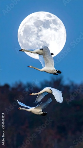Graceful White Swans Flying Across Full Moon in Blue Twilight Sky
