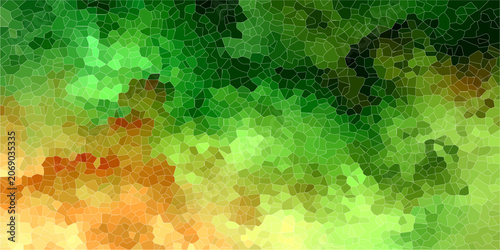 Canvas-taulu Abstract Geometric Pattern in Green and Orange Hues A visually striking abstract artwork featuring a mosaic of irregular geometric shapes in vibrant shades of green, yellow, and orange