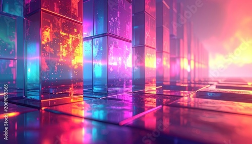 A digitally rendered cityscape with glowing neon lights and reflective surfaces.