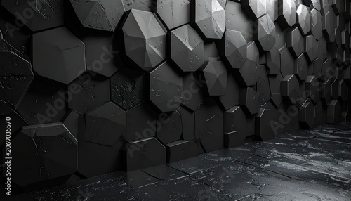 A futuristic and textured dark gray hexagonal wall and floor.