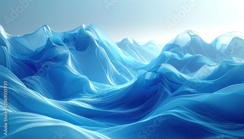 Abstract ethereal blue liquid waves flowing across a bright sky.