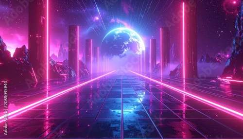 A vibrant neon-lit pathway leads through a surreal cosmic landscape towards a luminous planet.